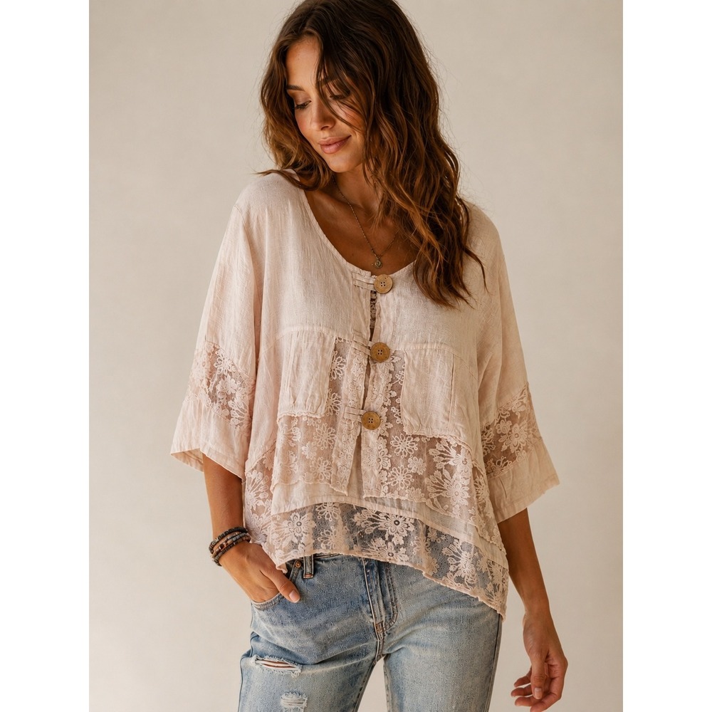 NWT Puro Lino Italy Blush Pink Linen Blend Lace Boho Button Front Top